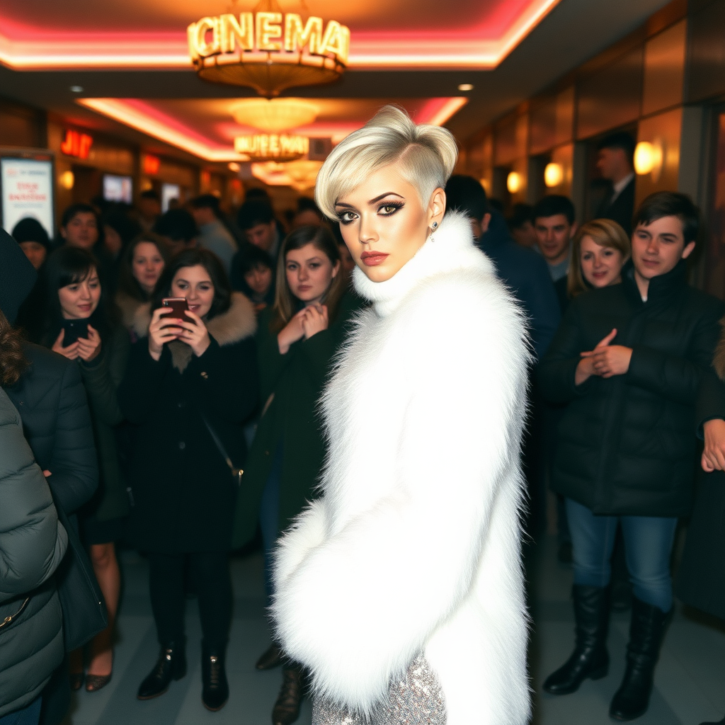 1990 winter evening, crowded cinema lobby: Sam, 19 years old beautiful involuntary femboy, rebellious intractable character, petite boyish figure, platinum blond boyish rebel punk hairstyle, flawless heavily made-up face with sharp arched tattooed eyebrows, wearing Supertanya-style fluffy very fuzzy bright white angora thigh-length turtleneck-poncho fully covering body and arms, silver-glitter leggings, black leather high-heeled pumps, silver earrings, puzzled alarmed, pout serious, impatiently waiting for her master. Other visitors watching laughing taking pictures. Full view of scene.