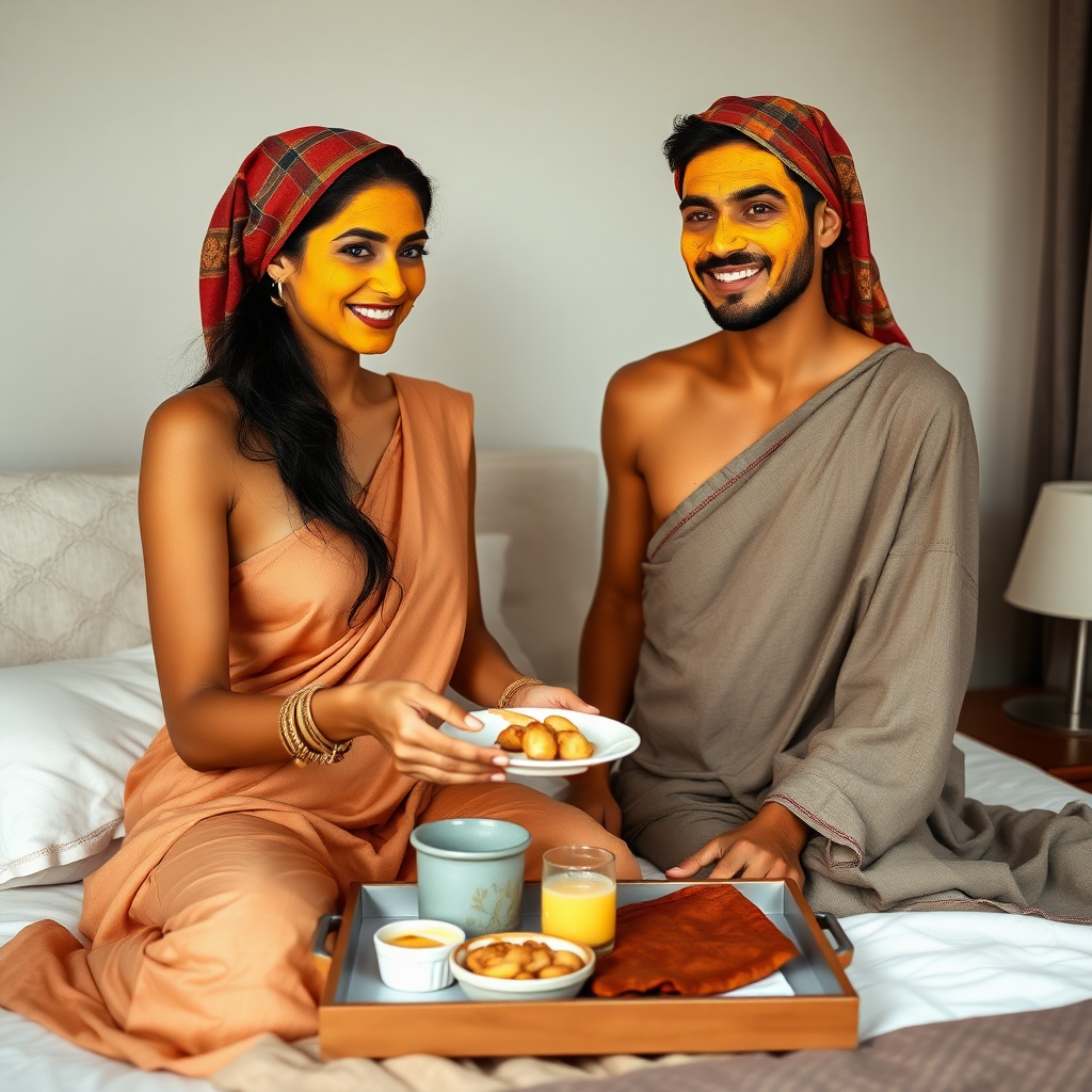 slim, 30 year old, sexy, 2 indian wives, scarf head, turmeric face mask. They are smiling and serving breakfast on a tray on bedside table