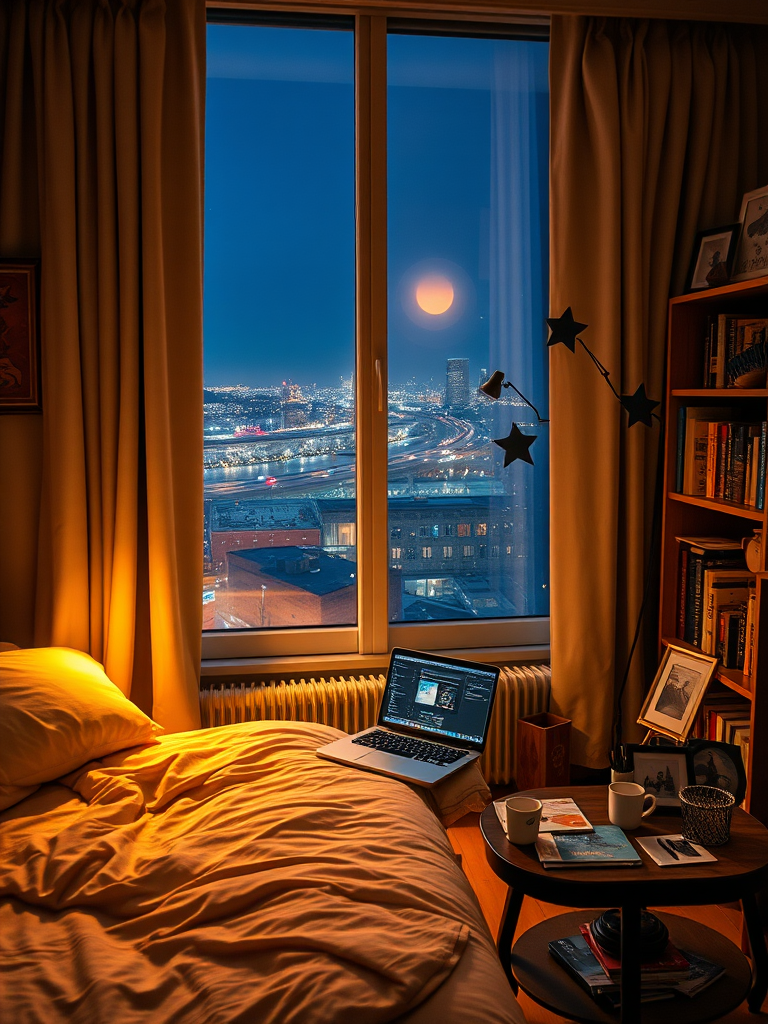 Scene description: On a tranquil night, a large window allows a glimpse of city lights through heavy curtains, illuminating a room filled with the vibrancy of life. In the room, there is a comfortable bed, and on the bedside table sits an open laptop, the screen displaying an active work interface. Various decorations hang on the walls, and the bookshelf is packed with books. A small table is scattered with different items, such as cups, a pen holder, and picture frames. The entire room is rich in detail, with warm colors, revealing the personality and taste of its resident. Real, realistic.