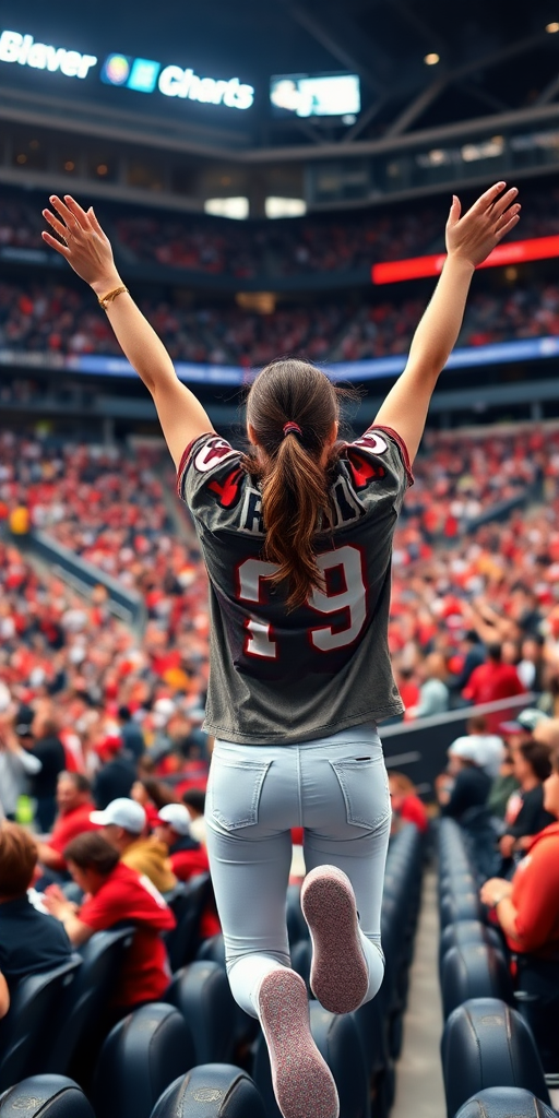 Attractive female NFL fan, pigtail hair, inside crowded bleachers, jumping, arms raised, NFL stadium