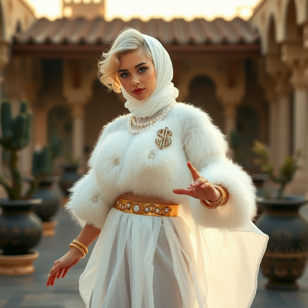 Kuwait desert palace harem patio misty dawn: Melissa, European 17 years old very convincing femboy “trophy-bimbo”, tamed servile docile, very beautiful feminine flawless face, rather short, by hormones very curvaceous womanly figured, platinum blond short tight curls, heavily made-up eyes, wearing Supertanya-style fluffy very fuzzy bright white angora turtleneck-poncho cropped ending under bust decorated with pearls and gemstones, striking oriental wide gold bridal protection belt, white fully transparent harem pants, full Oriental bridal jewelry, face covered by white sheer full Burka, coin anklets, striking diamond “$$$” letter brooch on left chest, pout frustrated, seductively dancing for the sheik, looking at camera. Full side view.