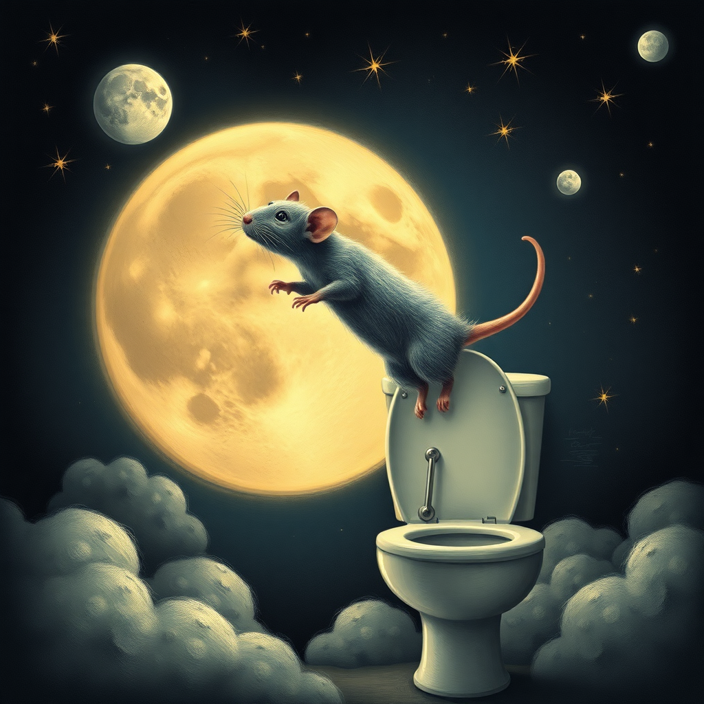 A rat jumping off the moon into a toilet