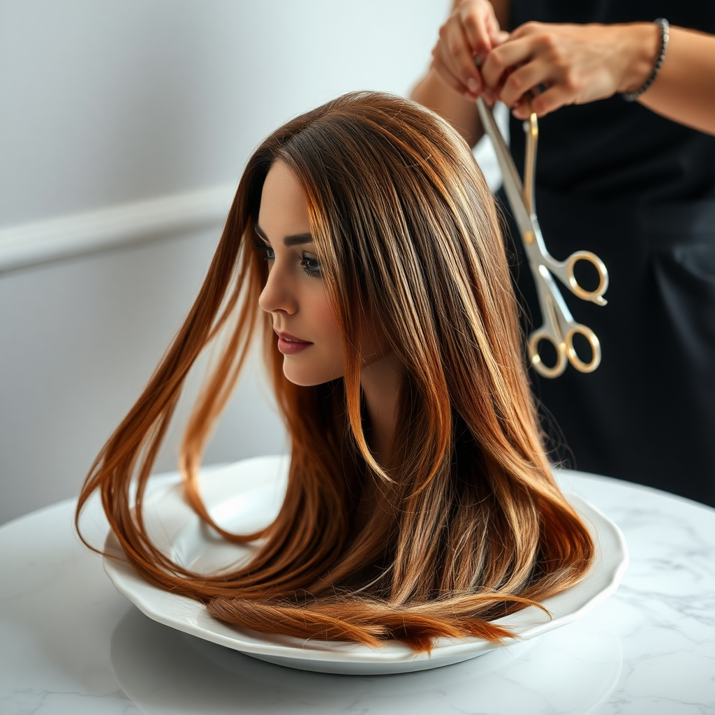 In a bizarre, surreal tableau, the polished surface of an elegant dining plate cradles the disembodied head of a strikingly beautiful Kate Middleton, her long, flowing hair cascading like a glossy waterfall of deep chestnut and honey highlights. The hair is luxuriously arranged, strands shimmering under the soft, ambient light that bathes the scene in an ethereal glow.

A skilled hairdresser, clad in a sleek black apron, stands poised with a pair of gleaming scissors, carefully trimming the endlessly luxurious locks that frame Kate's serene, almost ethereal features. The air is thick with the scent of salon products mingling with delicate hints of floral fragrances, creating an unusual yet strangely inviting atmosphere. The hairdresser's focused expression reveals a meticulous dedication as snippets of hair fall gracefully onto the pristine plate, echoing a sense of both artistry and absurdity.

The overall emotional tone conveys a dreamlike quality, inviting viewers to ponder the juxtaposition of beauty, identity, and the bizarre circumstances that bind them in this extraordinary moment.