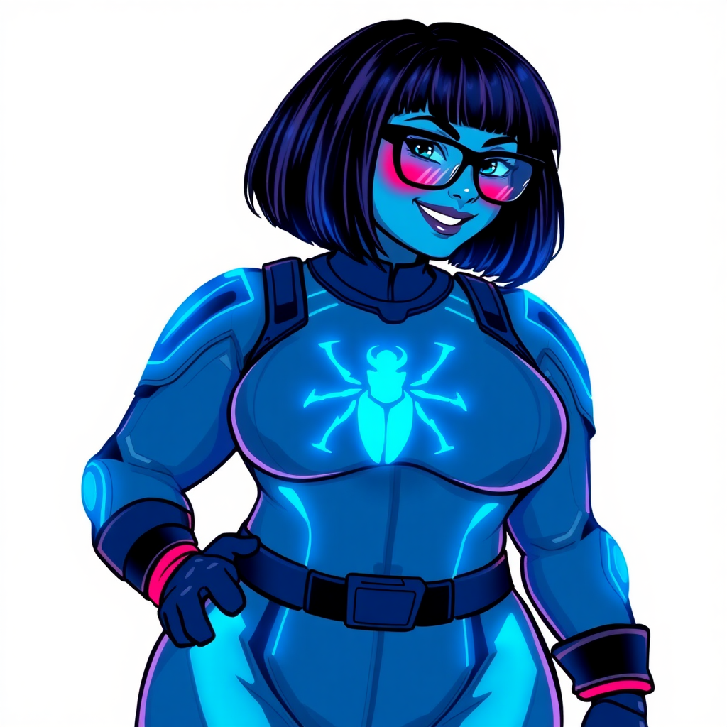 A 28-year-old full-figured, computer science major, now transformed into a full-figured, nerdy digital sidekick for her cyberpunk vigilante boyfriend, with maximum blue skin. She is clearly non-athletic, with her full figure. Her bob cut seamlessly blends with her skin, appearing to merge together as computer data, and her neon blue eyes glow intensely. Her full figure is defined by a prominently round, gargantuan midsection, sequoia-sized limbs, and broad shoulders. As a loyal and supportive sidekick, she plays a crucial role in their missions, using her digital skills to assist and protect.

She wears a digital, computerized maximum blue bodysuit which blends with her hair and skin (appearing to merge together like computer data), all are colored maximum blue. The bodysuit has a neon blue chest icon of a beetle, along with matching high-tech gloves. She bashfully giggles with a neon red blush, emitting neon blue data cubes from her body, set against a solid white background. Heavily pampered by her doting boyfriend, her full figure (especially her prominent, round, gargantuan midsection) clearly shows this care. She has the ability to hack into computers and machines, and her nerdiness is blatantly obvious with her black oversized eyeglasses. Her full figure (especially her prominently round gargantuan midsection) is prominently displayed and heavily emphasized. Her outfit is influenced by DC’s Jennifer Knight Phantom Lady but remains distinct. She is drawn as if she was in a retro 2D cyberpunk fighting game. Ensure her skin color is distinct from Inside Out's Sadness and any other character. Ensure she doesn't resemble The Power of Surge's Debra or any other character. Ensure her midsection is round. Her proportions are bloated to emphasize her non-athletic, full figure. She is clearly non-athletic, with heavy emphasis on her full figure and prominent, round, gargantuan midsection.