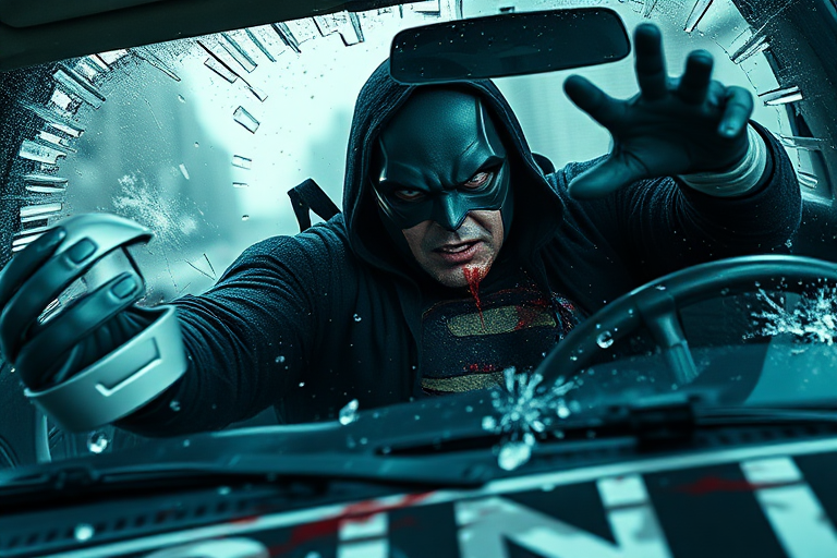 Realistic. Glass breaking as tortured, Masked Superhero propelled forward in car crash over steering wheel and out through windshield of car and out over hood of car. Blood and glass flying. Mask being torn from face by breaking windshield.