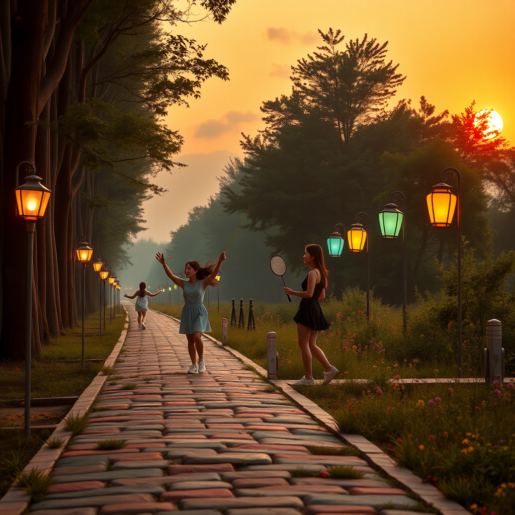 High summer. It is a hot late summer evening. The sun has already set. Three young, pretty Asian women are jumping rope. Two other modern Asian women are playing badminton. Two more young Asian women are chatting by the roadside. A roughly 2 KM long, uneven, and 2-meter-wide bicycle and pedestrian path runs alongside the forest, with strikingly colored and variously sized paving stones. For the first 50 meters of the path, tall trees grow overhead like a roof. In fact, there are already dark areas at the end of the path in the forest area. Regularly, to the left and right of the path, lanterns about 1 meter high are placed staggered every three meters, each a different color in the style of the 1950s, effectively and colorfully illuminating the way. To the left and right of the path, small colorful herbs and wildflowers bloom. A part of the sky is visible. Like in a fantasy image, a few veil clouds can be seen, still illuminated in pastel colors by the now set sun. The image is bathed in warm yellow light. The threatening atmosphere is mystical, eerie, and surreal. In the background, haze has formed. The weeds have been growing for two months. Note: The Asian women are a very important aspect of the image generation. They are meant to ease the viewer's fear. With the many Asian women present, the viewer does not feel alone and is in safety. The Asian women make themselves known and look at the viewer kindly. They are to be generated as real and human, with loving facial features that are easy to recognize. The image suggests that the path is full of Asian women.