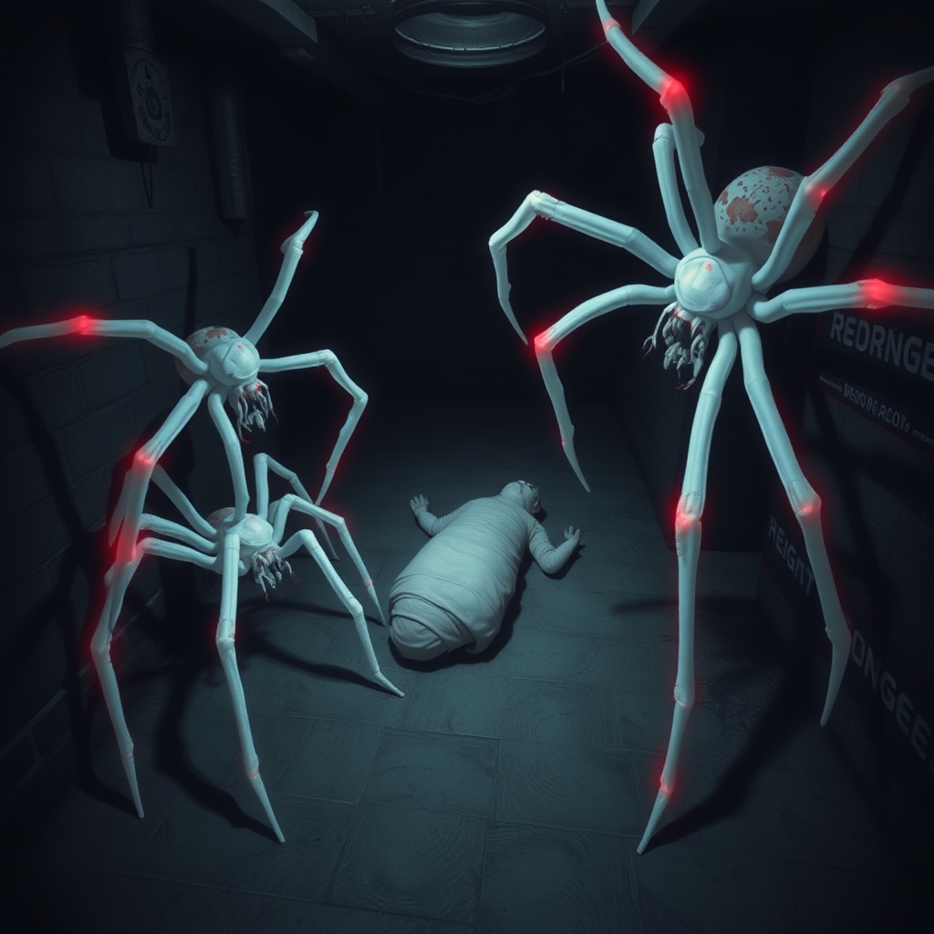 A dark basement cellar with two large white spiders with red highlights crawling around and a cocooned human body in the center of the floor.