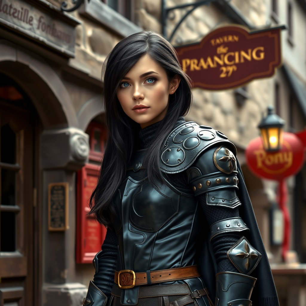 beautiful young woman, dark hair past her shoulders, blue eyes, small, slim figure, wearing full leather armor suit, long cloak, standing next to medieval tavern with sign: "Prancing Pony".