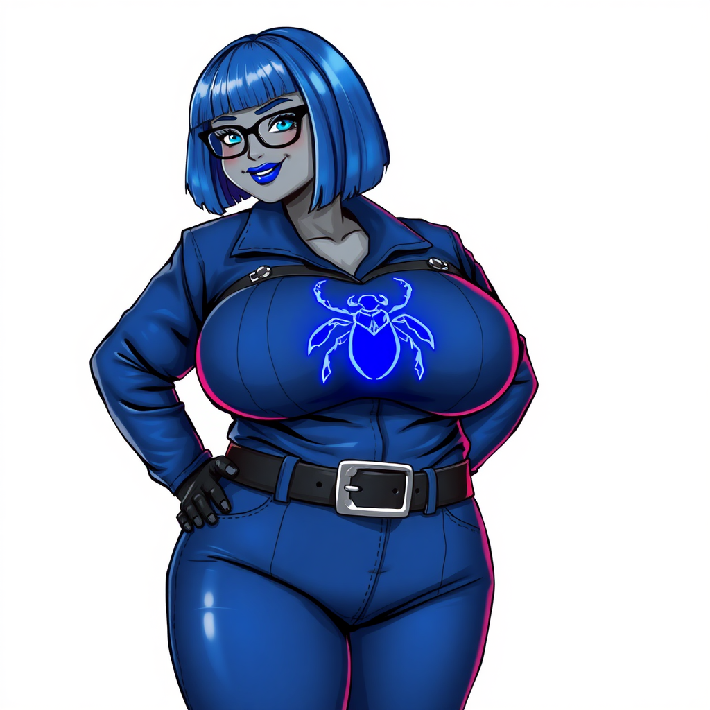 A 28-year-old, full-figured, middle gray metallic-skinned computer program-human hybrid with a maximum blue bob cut. She has a non-athletic build, highlighted by a prominent, round, large midsection. As a digital sidekick, computer hacker, and nerdy girlfriend to her cyberpunk vigilante boyfriend, her middle gray metallic skin and maximum blue lipstick emphasize her digital nature. She wears a costume consisting of a maximum blue leather shirt (that accentuates her figure) with a neon blue beetle chest icon, a black belt with a sapphire scarab buckle, maximum blue pants, and black gloves. Her bright blue eyes, black eyeglasses, and lovestruck smile with neon red blush accentuate her nerdiness. She stands bashfully with her hands behind her back, her costume covering all her skin. Her physique is fully emphasized. She is on a solid white background. She is drawn as if she was in a retro 2D cyberpunk fighting game.