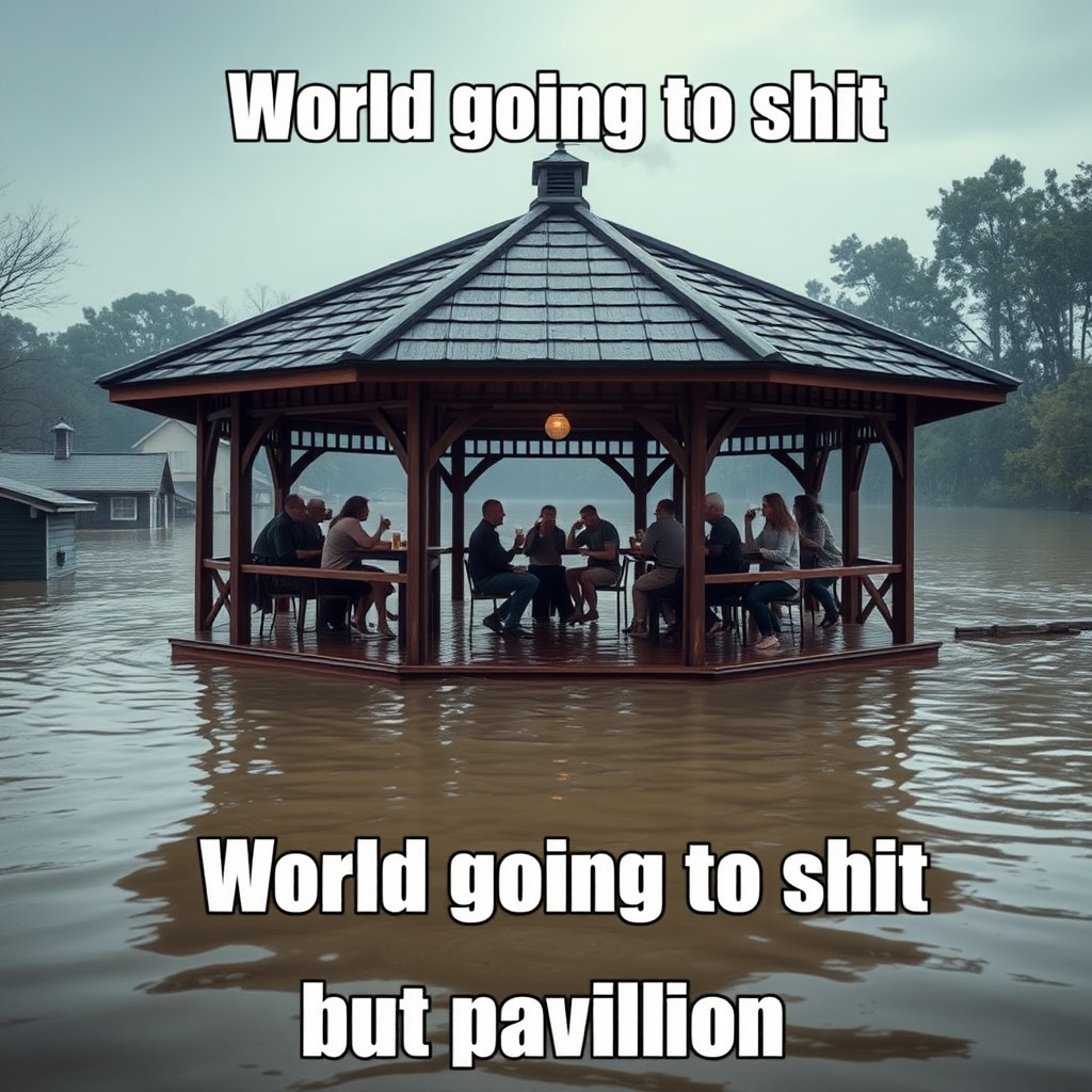 Create an image of a pavilion in a flooded environment and people comically partying on it drinking beer while the world is completely overflooded. Focus on the humorous contrast of the situation. Include the text "World going to shit." The bottom part should have the text "but pavilion."