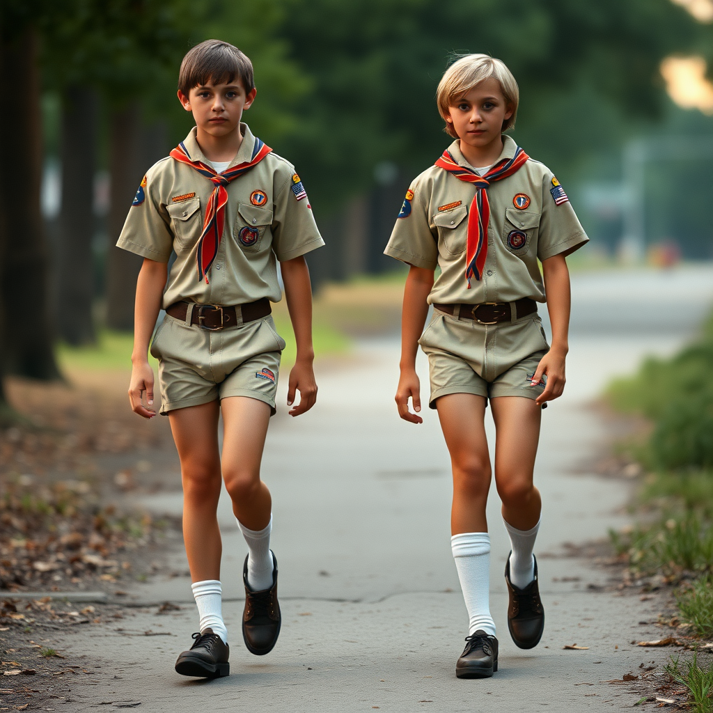 two tall 14yo teen boys, bob cut, wearing American boy scout uniform with uniform matching very tight booty shorts, tube socks, shoes, long legs, narrow thighs. walking. full-length view. 1980s. 
photorealistic, ultra high resolution, 16K,
Negative: grainy, blurry, bad anatomy, extra limbs, watermark.