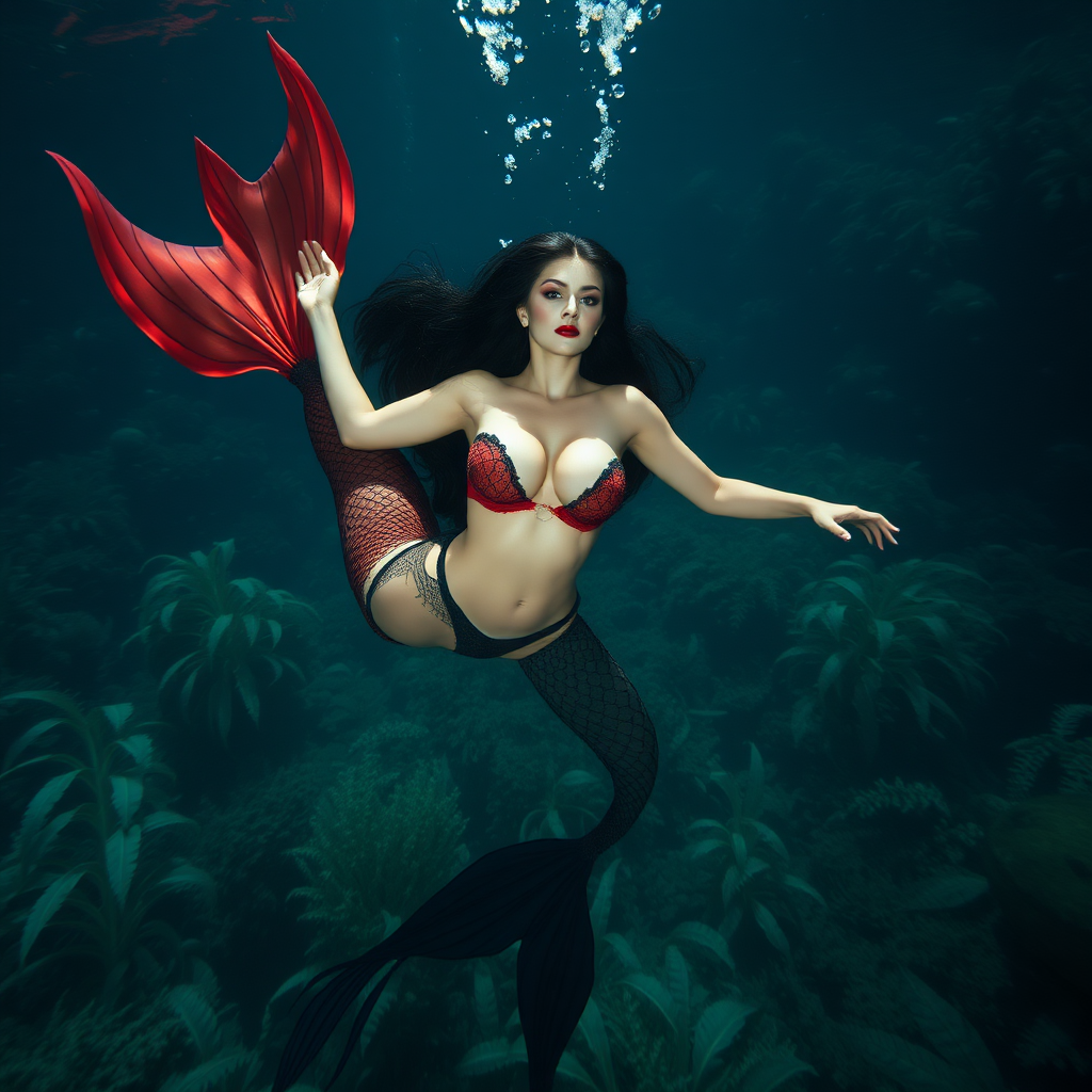 Vampirella floating underwater as a very sexy mermaid. The sea is deep and mysterious and filled with a myriad of ocean life plants, fish, and other aquatic life. Her glamor brought to real life in high definition DSLR. Dramatic lighting and shadows.