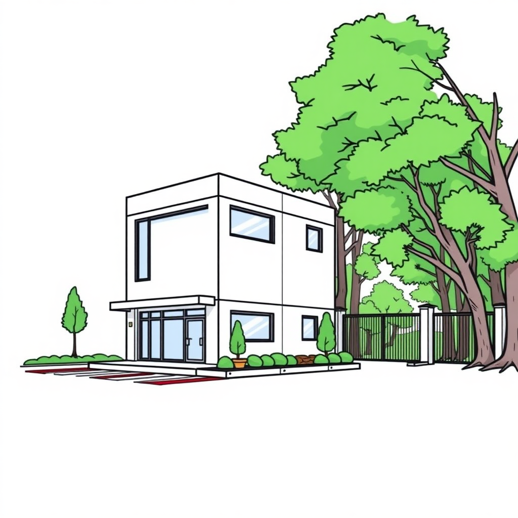 small 2 storeys office building on the left in the foreground, a small company parking lot on the left behind the building, borders, trees, wood outskirt on the right, company gate in the back, colorfoul long establishing shot, 2D, caricature, cartoon, Sketch lines, coloring book, coloring book style on white background, well composed, clean coloring book page, No dither, no gradient, strong outline, No fill, No solids, vector illustration, realistic proportions, left side view