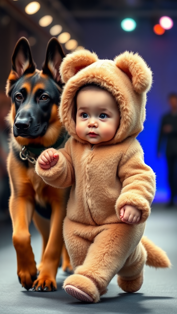 A cute small chubby fair baby with big eyes, pink lips, and pink cheeks wearing a furry cozy dog costume is doing a ramp walk in a fashion show, walking alongside a real German Shepherd dog while holding the dog's collar chain in a cinematic style.