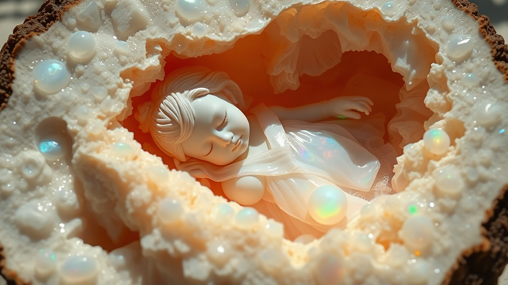 porcelain doll made of opal sleeping in a geode, high quality photo, intricate environment, ultra-detailed, impressionistic, dynamic composition, artistic photograph, geode, alabaster, fractal, brilliant colors, glittering, sunlight, illumination, transparency, translucent, opal