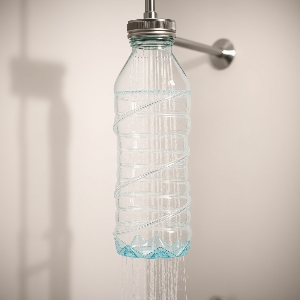 A shower head in the shape of a water bottle