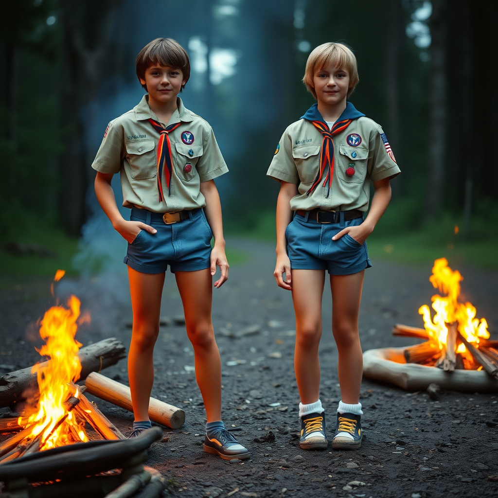 two tall 14yo teen boys, bob cut, wearing American boy scout uniform with uniform matching very tight booty shorts, tube socks, shoes, long legs, narrow thighs. a campfire. full-length view. 1980s. photorealistic, ultra high resolution, 16K, Negative: grainy, blurry, bad anatomy, extra limbs, watermark.