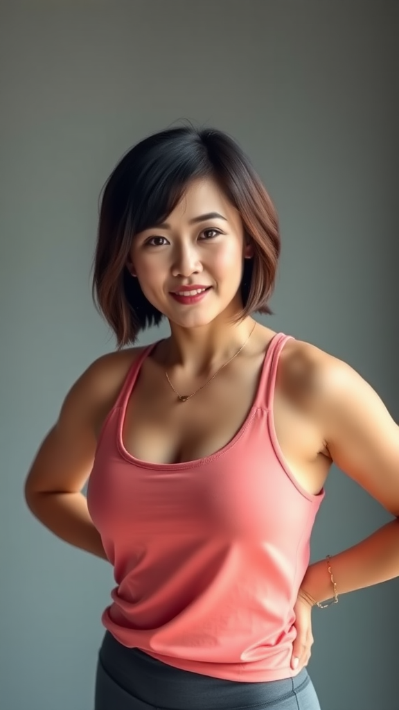 A beautiful Chinese woman, short hair, curvy figure, small chest, yoga pants, tank top.