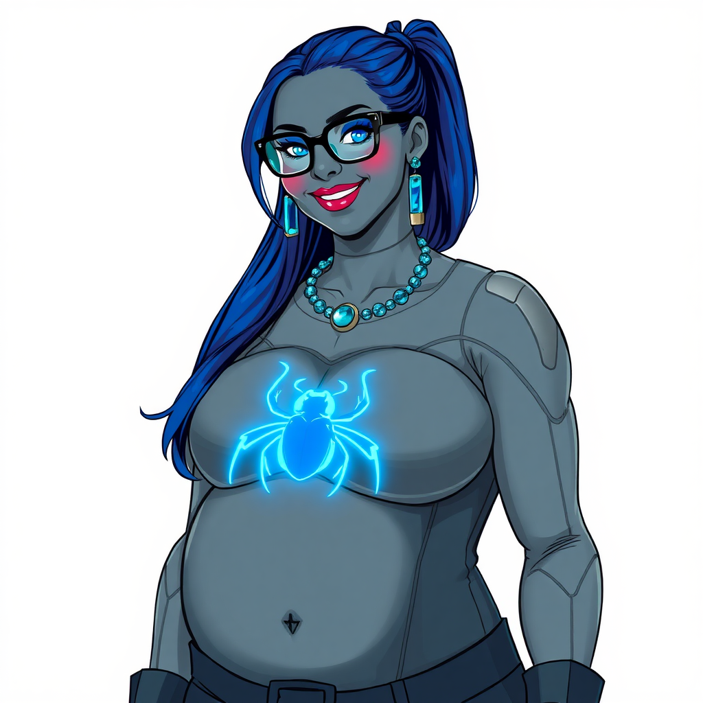 A cyberpunk vigilante’s full-figure middle gray metallic skinned computer program hybrid 28-year-old digital sidekick and loyal girlfriend. She has a long maximum blue ponytail and middle gray metallic skin. She wears maximum blue lipstick, blue eyes, a sapphire beetle gemstone necklace, sapphire earrings, black eyeglasses, and an oversized, digital, computerized, middle gray bodysuit featuring a neon blue glowing beetle chest icon accentuating her prominent, round, gargantuan midsection. She sports a beaming smile with a neon red blush. She serves as his minicomputer operating in his hi-tech wristwatch and supercar's onboard computer using her ability to hack into machines and computer to relay vital mission information. The background is solid white. She is drawn as if she was in a retro 2D cyberpunk fighting game. Her midsection is bloated and broadened to emphasize her figure.