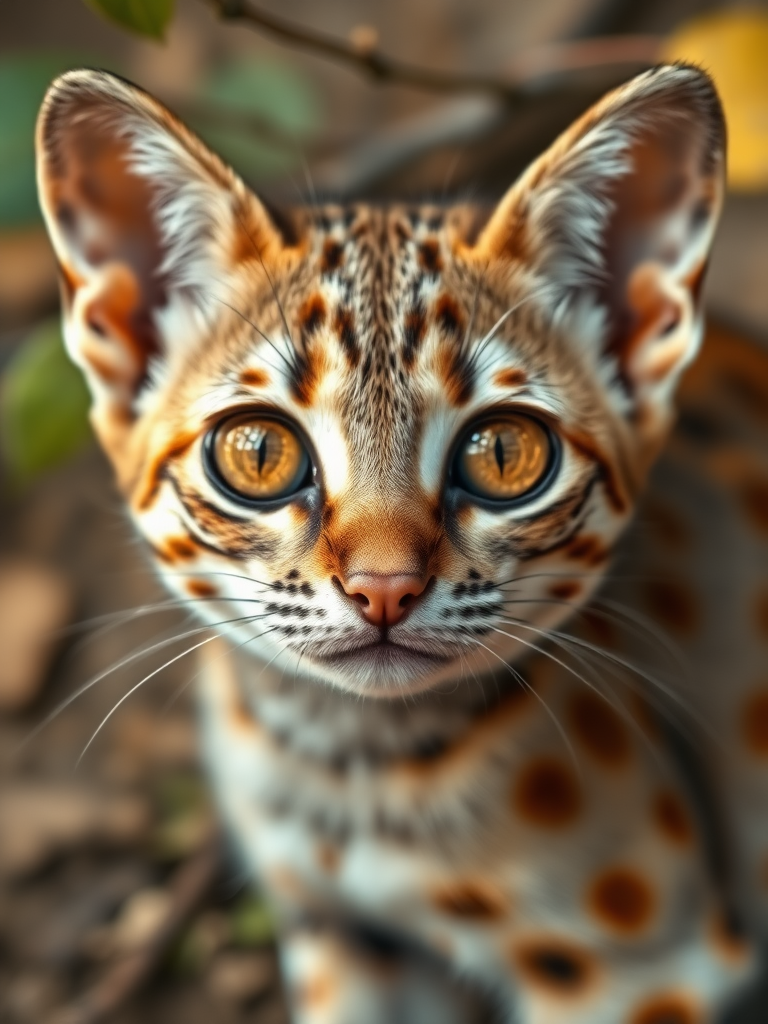 A highly realistic 4K close-up shot of a Rusty-Spotted Cat. The small cat has large, striking amber eyes, a short muzzle, and delicate whiskers. Its fur is a soft mix of greyish-brown with distinct rusty-red spots along its body. The details of its fur texture, sharp gaze, and tiny nose are captured with extreme clarity. The background is blurred slightly to emphasize the cat, showing subtle hints of a natural habitat with leaves and branches. The lighting is soft and natural, highlighting the cat’s unique patterns and features.