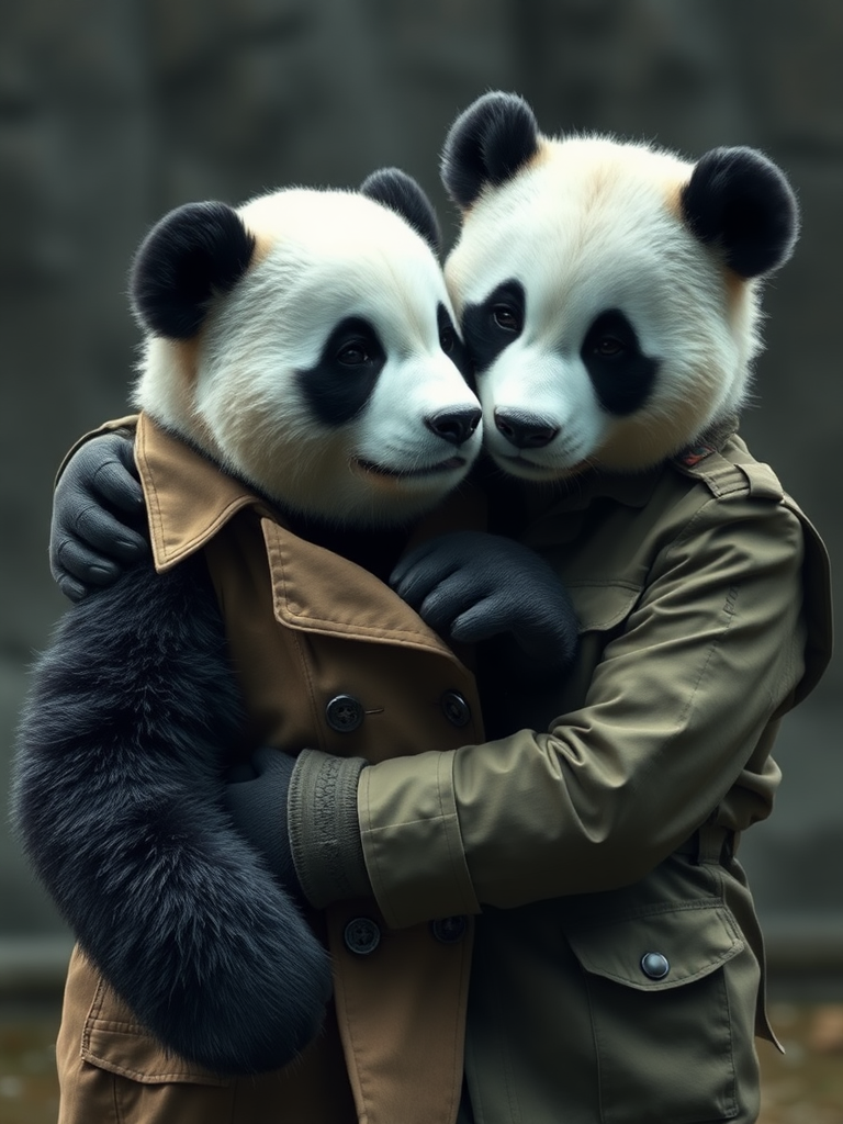 A photo realistic picture of two panda bears hugging. One is wearing a trenchcoat and the other is wearing a military uniform.