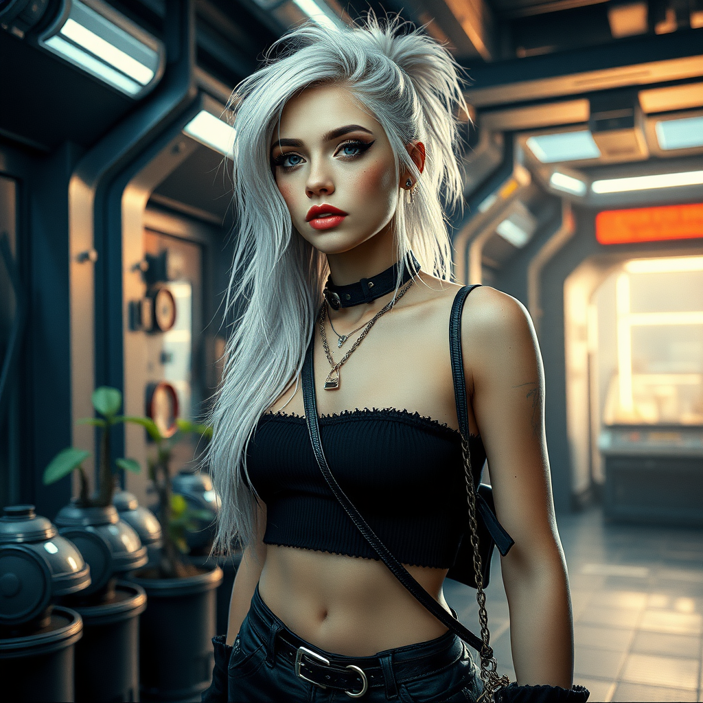 A full body shot of pretty girl like (ana de armas). pale, freckles, eyeliner, lip gloss, messy long white hair in a ponytail. crop top, cyberpunk 2077, space station, crop terrarium, high heel ankle boots, collar, purse and jewelry. lips slightly parted. Photorealistic digital matte painting, soft focus, film grain, lens flare.