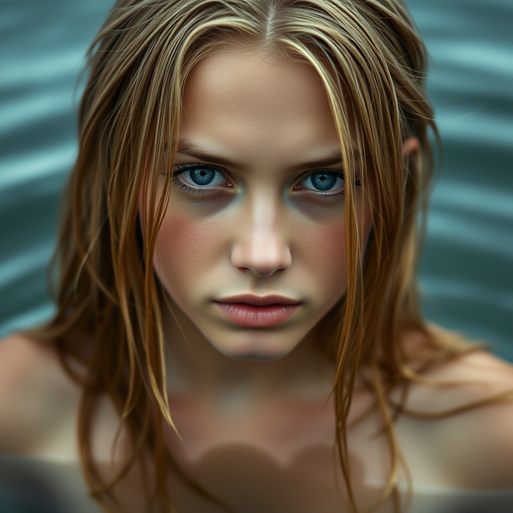 A young European woman just coming out of a lake. She has long blonde wet hair and pale blue eyes. Her skin is wet. She is topless. Curious look. Photo.