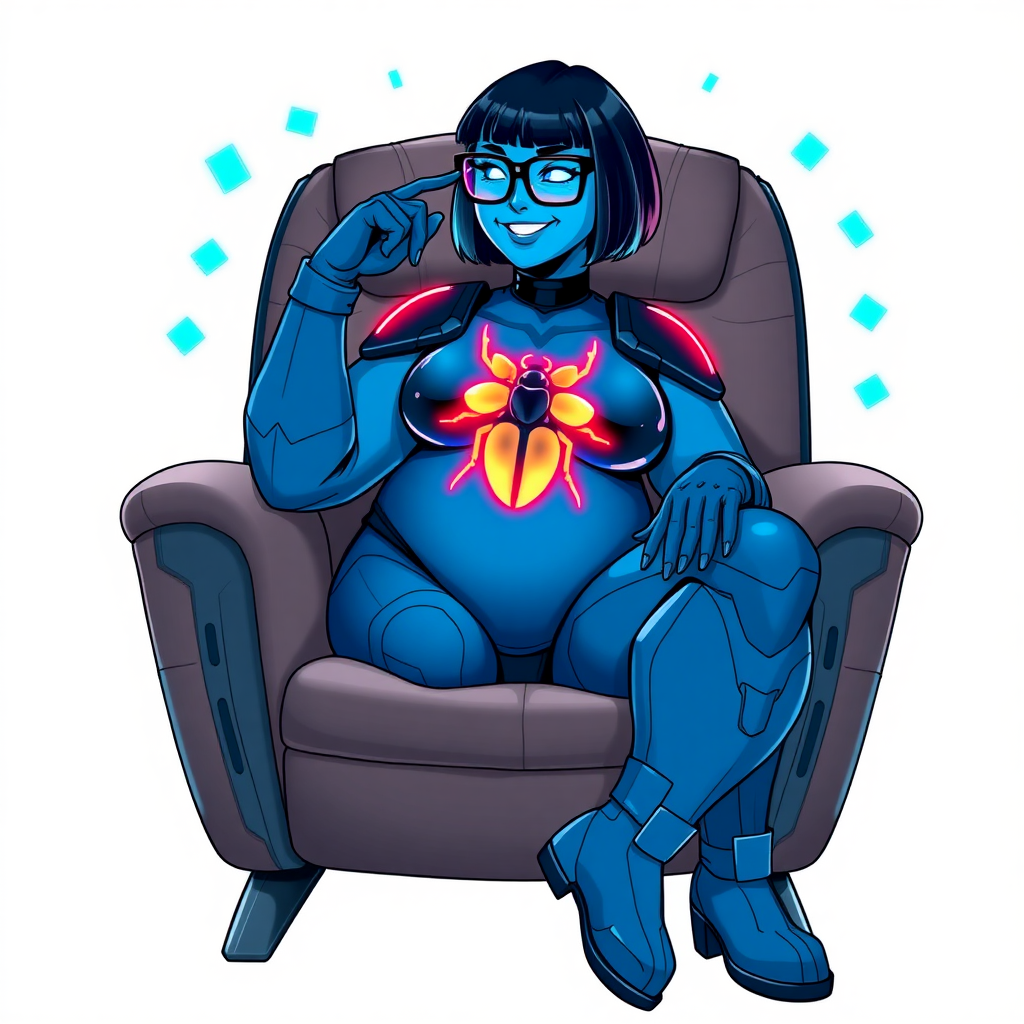 A heavily, extremely, and intensely pampered nerdy full-figured middle blue skinned digital sidekick, a 28-year-old computer major, has been transformed by her doting vigilante boyfriend. Her middle blue skin and bob cut seamlessly integrate with her data, and her neon blue eyes glow with intelligence. Her physique, now showcasing a gargantuan round midsection, massive limbs, and broad shoulders, contrasted by a slim face, clearly reflects her indulgence and pampering. Her full figure is prominently highlighted, with her gargantuan, rounded midsection and massive limbs emphasizing her pampered status. As the loyal and supportive sidekick, she plays a crucial role in their missions, using her digital prowess to assist and protect.

She wears a digital maximum blue bodysuit, featuring a glowing neon blue beetle chest icon, digital maximum blue boots, and matching high-tech gloves. She bashfully giggles with a neon red blush, emitting neon blue data cubes from her body. Her full figure, now even more plump and heavily emphasized by her nerdy appearance, clearly shows how pampered she is. Her nerdiness is accentuated by her black oversized eyeglasses.

Her outfit, influenced by DC’s Jennifer Knight Phantom Lady, remains distinct. Adding to her pampering, she serves as his minicomputer, traveling in his high-tech wristwatch and supercar’s computer system. Using her ability to hack into computers and machines, she relays crucial knowledge relating to his missions.

In her new pose, she sits comfortably on a plush, high-tech chair with one leg crossed over the other, her oversized glasses slightly askew as she adjusts them with a bashful smile. Her relaxed posture and content expression, combined with the glowing data cubes around her, clearly reflect her status as a heavily pampered, nerdy digital sidekick. Her gargantuan, rounded midsection and massive limbs are prominently displayed, emphasizing her indulgence and pampering while maintaining her nerdy physique. She is on a solid white background. She is drawn as if she was in a retro 2D cyberpunk fighting game.