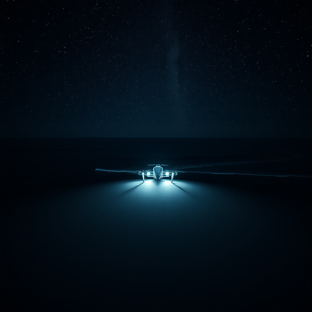 Drone view photograph of a 25th century speedboat sailing. Night-dawning beach scene capturing the infusion of dark gray sands with shallow, starlit waters, solitude in the middle of the star-studded sky seamlessly passing into the desolate but intriguing dark ocean, high contrast, black background amplifying the brightness of the stars, delicacy of the waves, digital painting, Ultra-thin, high-octane rendering. Image taken from a drone on a modern boat gliding over the sea with its bright lights