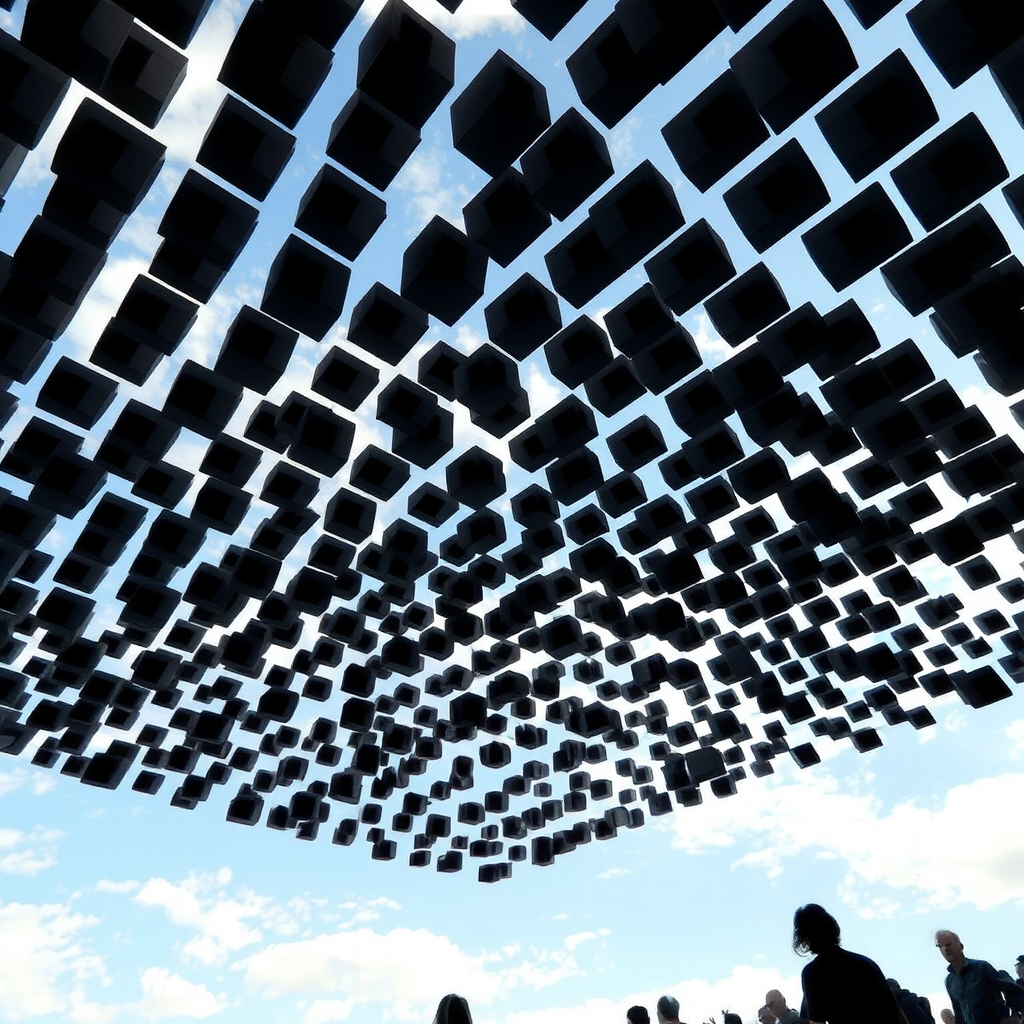 People all over the world look up and see black grid cubes extended grid in the sky.