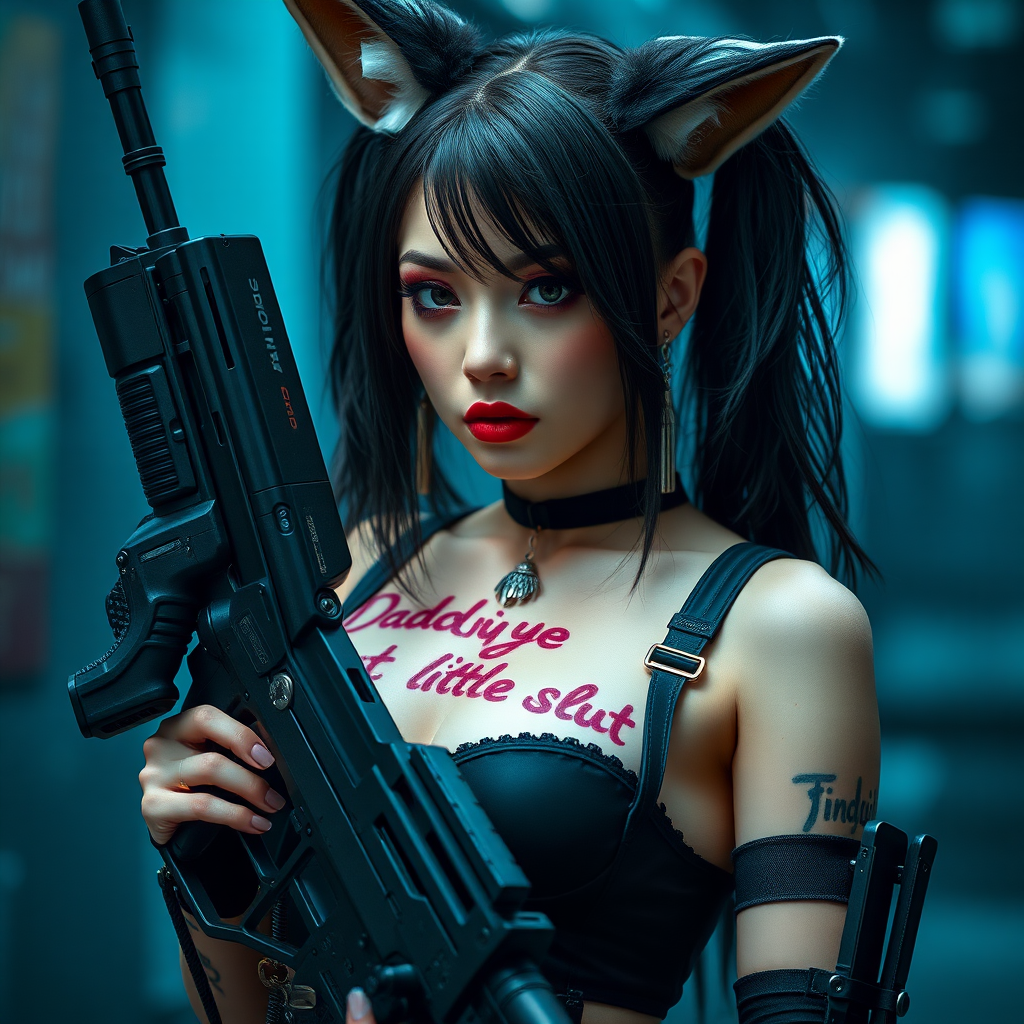 Full body shot, Real life photo of a cyberpunk waifu, she has “daddy’s little slut” written on her skin with lipstick. She is holding a big gun, she has fox ears, tiny metal nipple tassels.