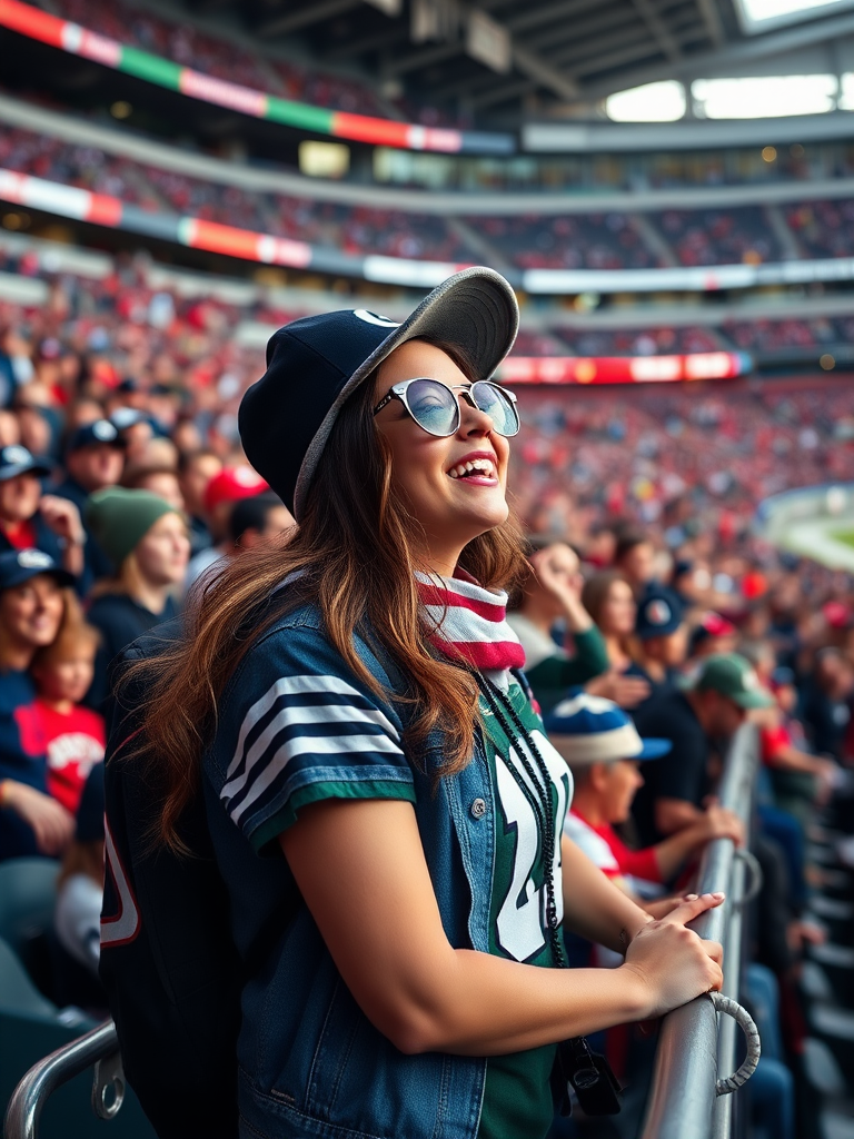 Attractive female NFL fan, cheering at crowded bleacher row, NFL stadium