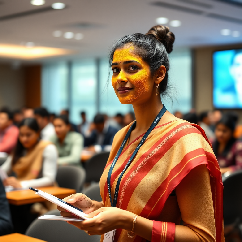 slim, 30 year old, modern indian office secretary, turmeric paste on her face. she is standing in a conference room full of people and taking notes.