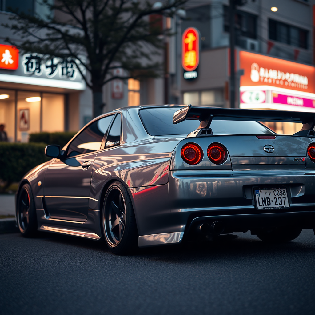 the car is parked on the side of the road, inspired by Taiyō Matsumoto, tumblr, restomod, nd4, c4 metallic shine nissan skyline r34