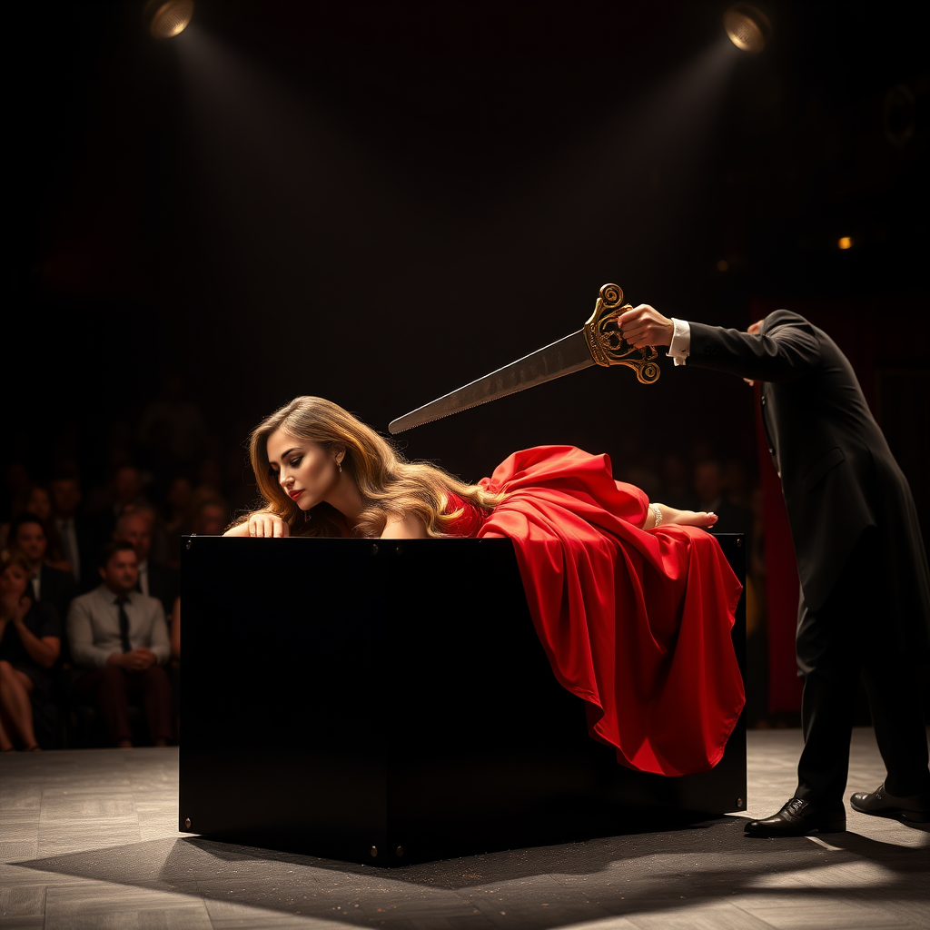 In a dimly lit theater, the atmosphere buzzes with excitement as an audience eagerly awaits the grand illusion. At the center stage, a beautifully enchanting woman, her luxurious, long hair cascading like a shimmering waterfall, lies gracefully within a sleek, rectangular box. The box, measuring approximately four feet in length, two feet in width, and one foot in height, is crafted from polished black wood that gleams under the stage lights.

Her head gracefully protrudes out of one end, framed by long, silky strands of hair that glint with hints of deep chestnut and golden highlights. At the opposite end, her elegantly manicured feet peek out, adorned with delicate, sparkling anklets that catch the light. The contrasting colors of her vibrant crimson dress, which hugs her figure and flows elegantly around her, further enhance the striking visual.

As the audience holds its collective breath, a charismatic magician, clad in a classic black tuxedo with a stark white shirt and a dramatic cape, prepares to execute his mesmerizing trick. With a flourish of his wand, he unveils an ornate saw, its blade gleaming menacingly against the stage lighting. The crowd gasps in anticipation as he positions the saw at the center of the box and begins to cut through, the sound of wood creaking echoing in the hushed theater.

Tension heightens as he saws through the box, his movements precise and theatrical, each stroke accompanied by the audience’s anxious gasps. The woman remains remarkably serene, her expression perfectly composed, conveying an aura of confidence amidst the spectacle. The scent of fresh sawdust fills the air, blending with the faint trace of makeup and perfume wafting from the woman, creating an intoxicating mix of mystery and allure. Excitement crackles in the air, as the crowd leans forward, eyes wide, caught between wonder and disbelief at the unfolding illusion.