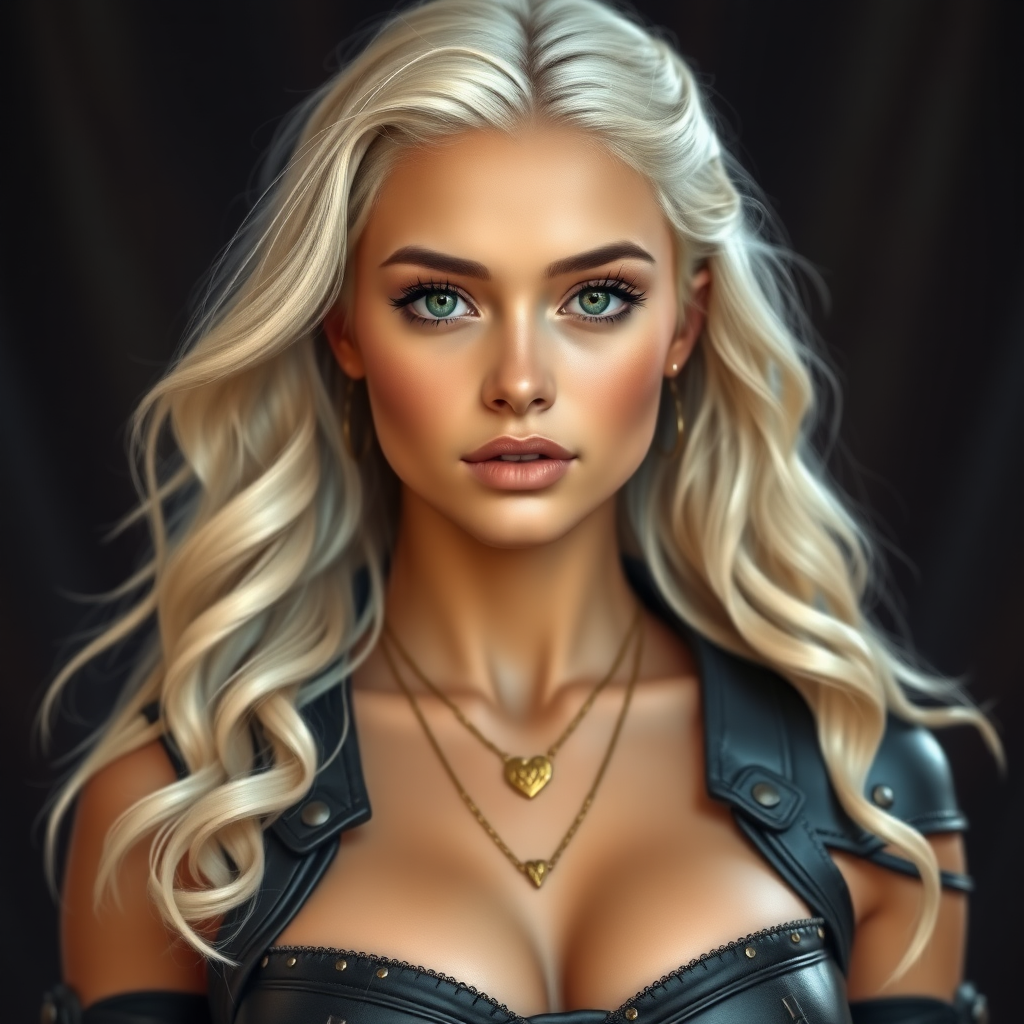 Portrait of a beautiful young woman with long wavy platinum blonde hair, green eyes, a suntan, light brown eyebrows, and large breasts. She is wearing black leather armor and a gold necklace with a small heart pendant.