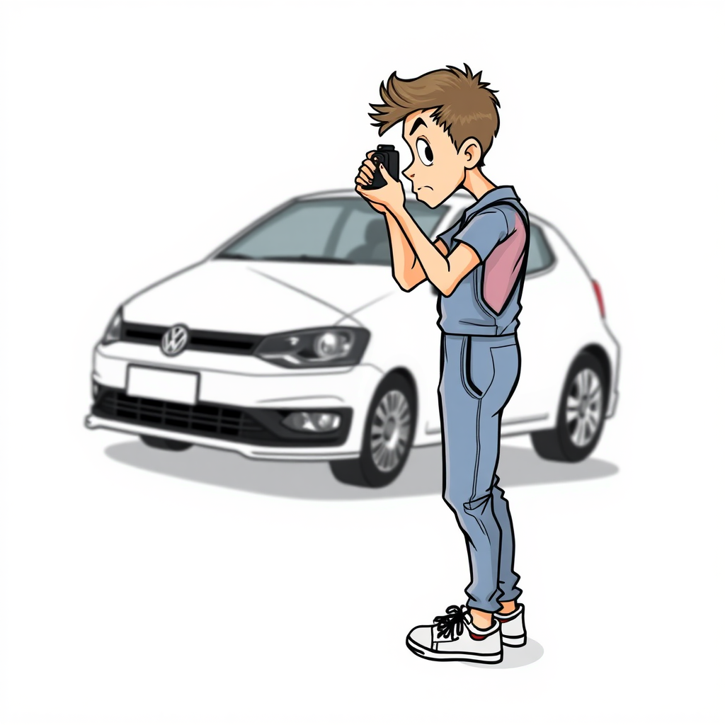 shy nervous small 18 year old european skinny man, coveralls, tense fabric, take a picture from a distance of a white VW Polo V, fascinated, side view, detailed feet, 2D, caricature, cartoon, Sketch lines, coloring book, coloring book