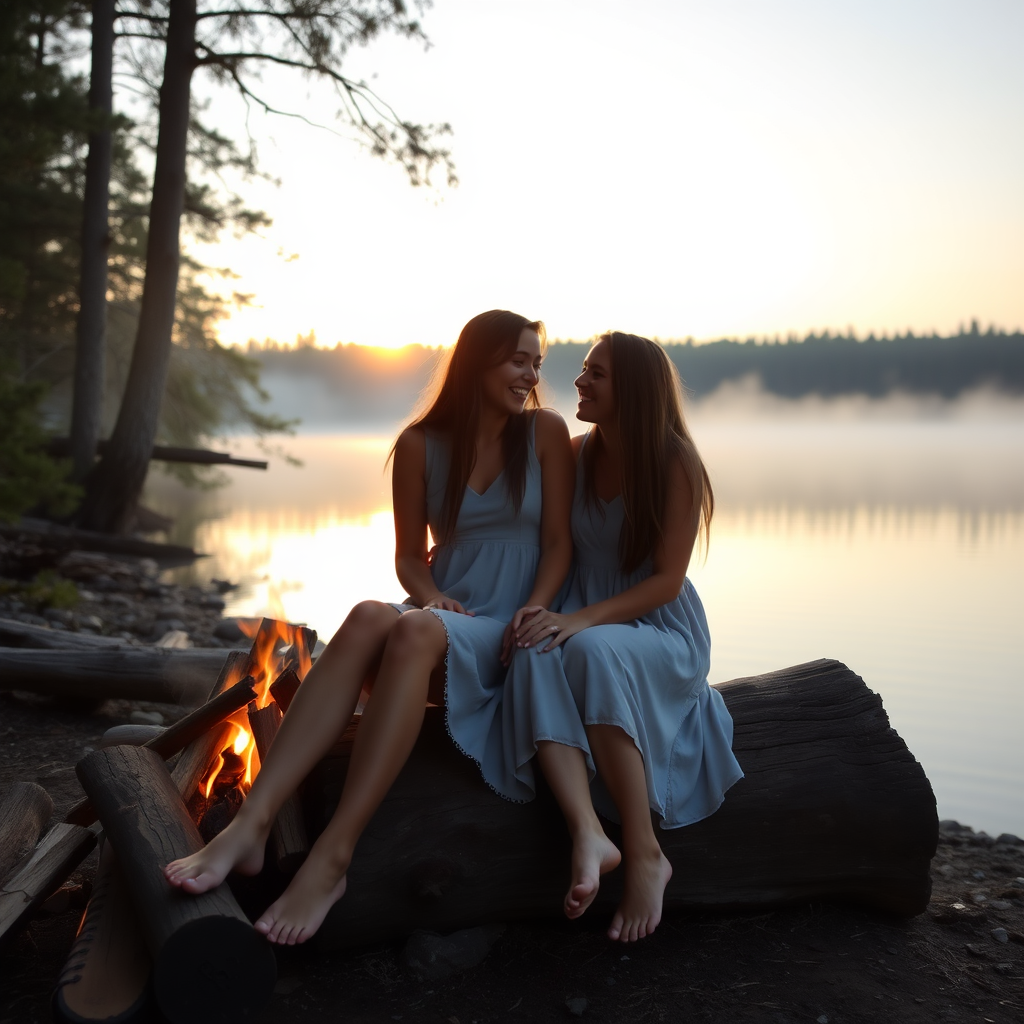 A young woman and her friend sitting on a trunk next to a fireplace at the shore of a lake. She has long brunette hair. She is wearing a dress. Barefoot. They are laughing together. The sinking sun is falling through the trees. A little fog is rising from the lake. Light like in a fairy tale, a bit mystic. Photo.