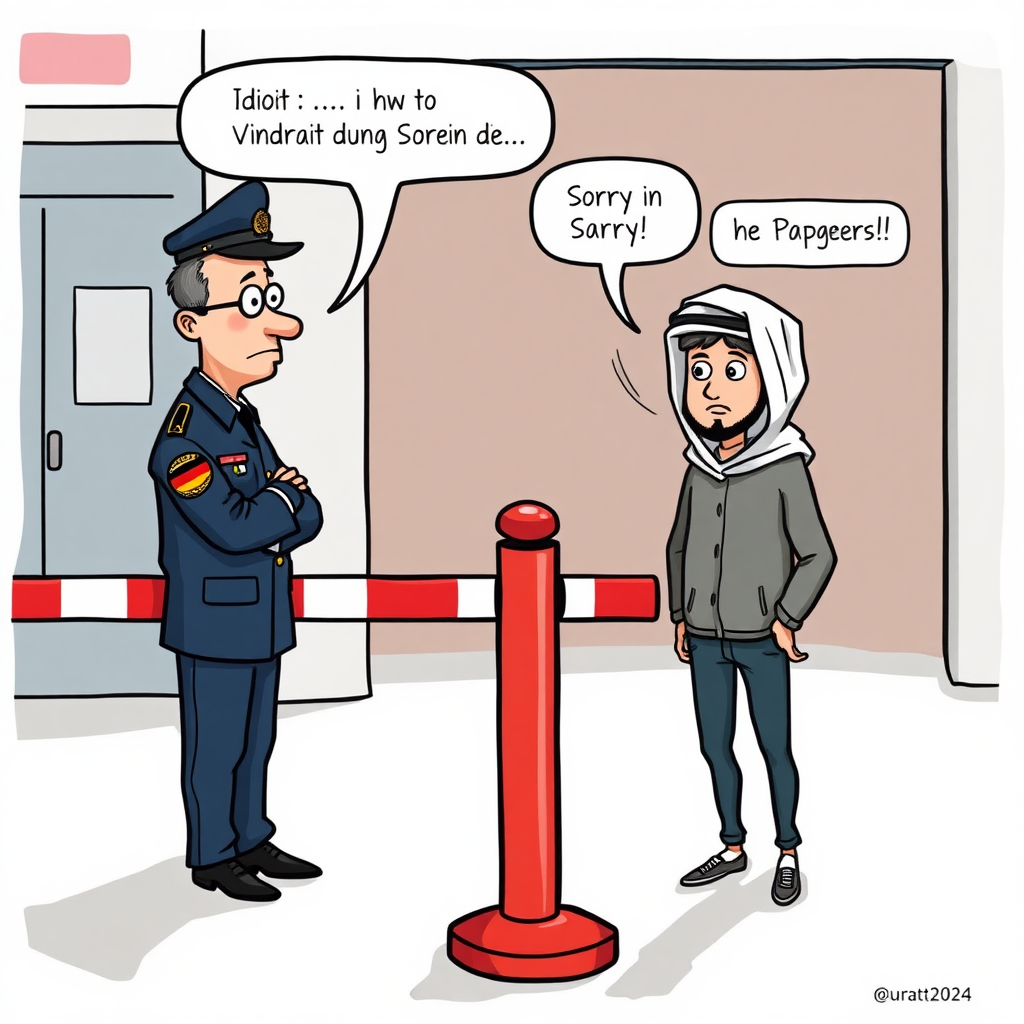 Create a cartoon picture of a German customs officer standing on one side of a lowered barrier. He says in German in a bubble: "Idiot...You just have to say asylum". On the other side of the barrier stands an Arab-looking young man. He says in English in a bubble: "Sorry I have no Papers". The barrier is in red and white. The sign of the German state is next to the German customs officer.