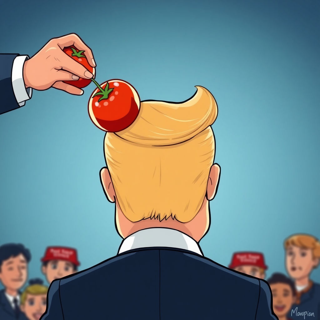 a cartoon of Donald Trump (seen in front) where someone throws a tomato to the back of his head