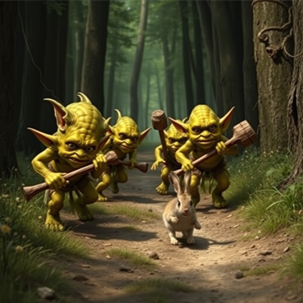 A realistic picture of several greenish yellow goblins of different sizes and looks with wooden clubs in one hand looking at and chasing after a fleeing bunny along a forest path