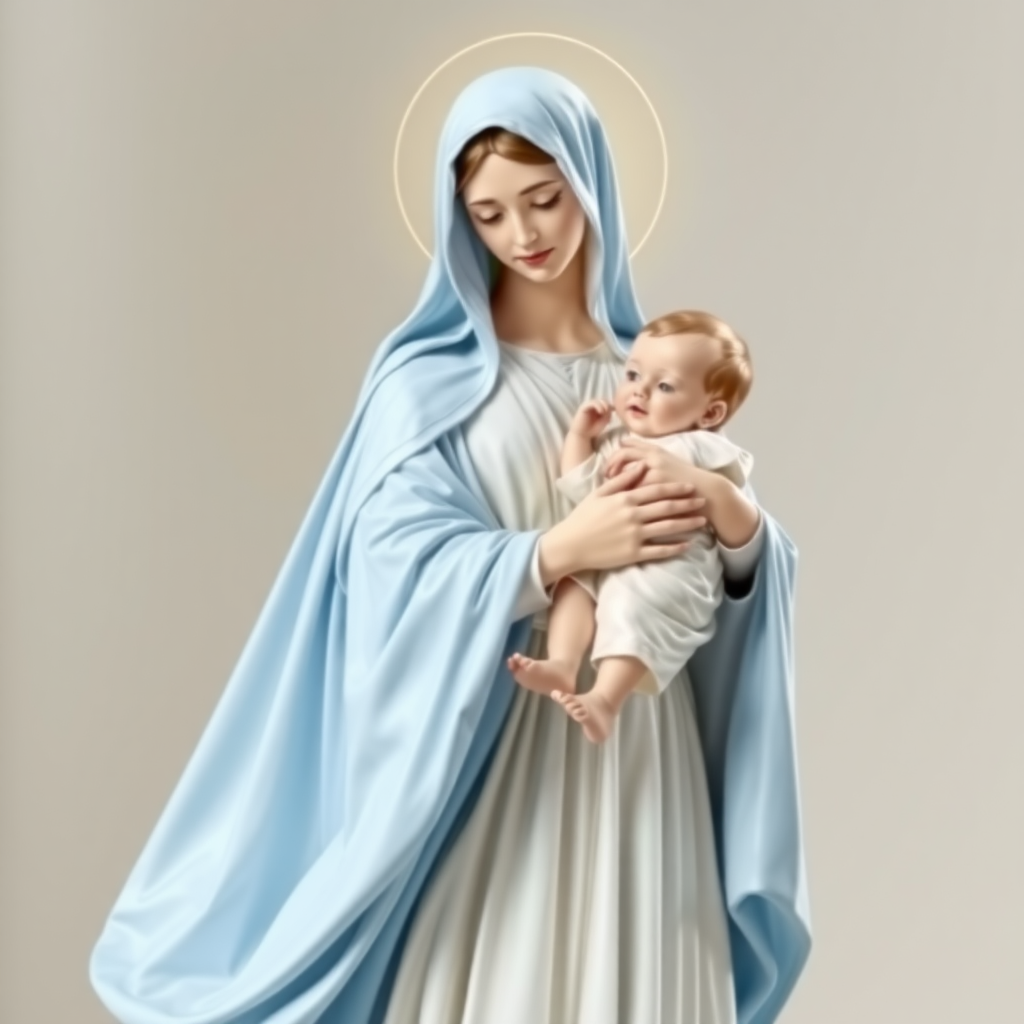 Beautiful Madonna dressed in light blue and white in a long gown with the baby Jesus in her arms.