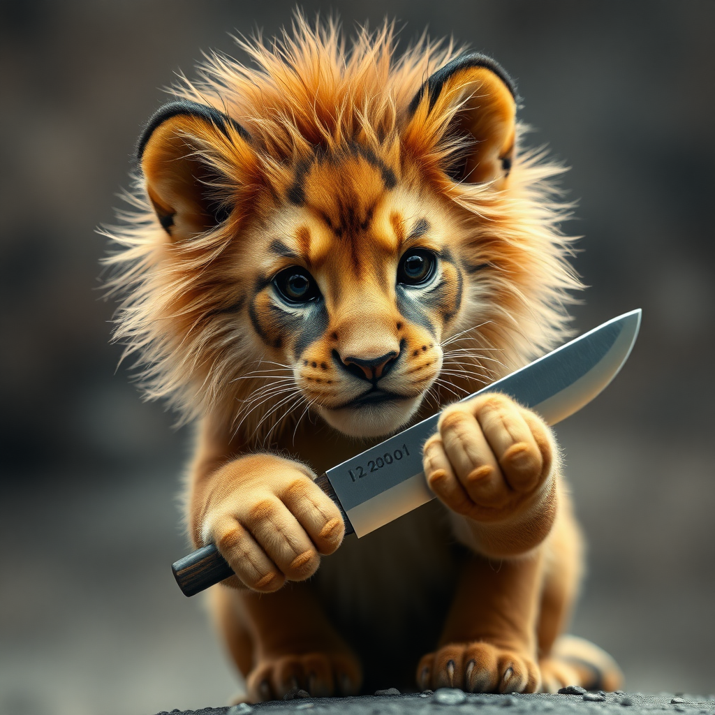 Lion cub holding a Japanese made knife