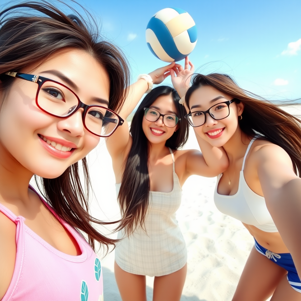 three Asian girl with gorgeous face, wearing glasses, in beach playing volleyball, white skin, tall, full body pose selfie