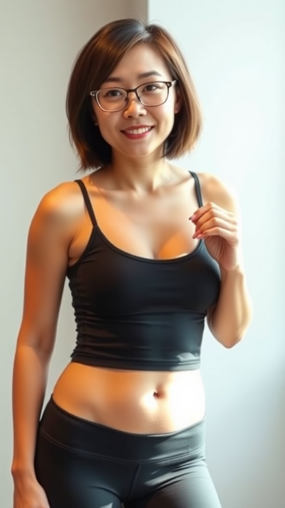 A beautiful Chinese woman, short hair, wearing glasses, with a full figure, small breasts, yoga pants, and a tank top.