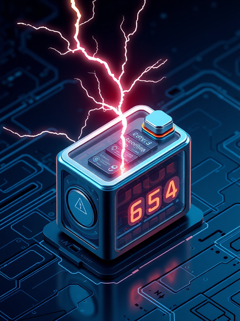 Create an image with precise expression using realistic 3D lettering, express a secondary battery cell, create an isometric view, draw the Tesla phenomenon (lightning) occurring in the battery, and express the background in a cybernetic and luxurious dark blue.