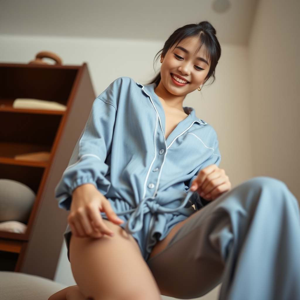 photo low angle full body shot beautiful xiaomeimei smiles looking down. She is tying the drawstring of her pajama pants