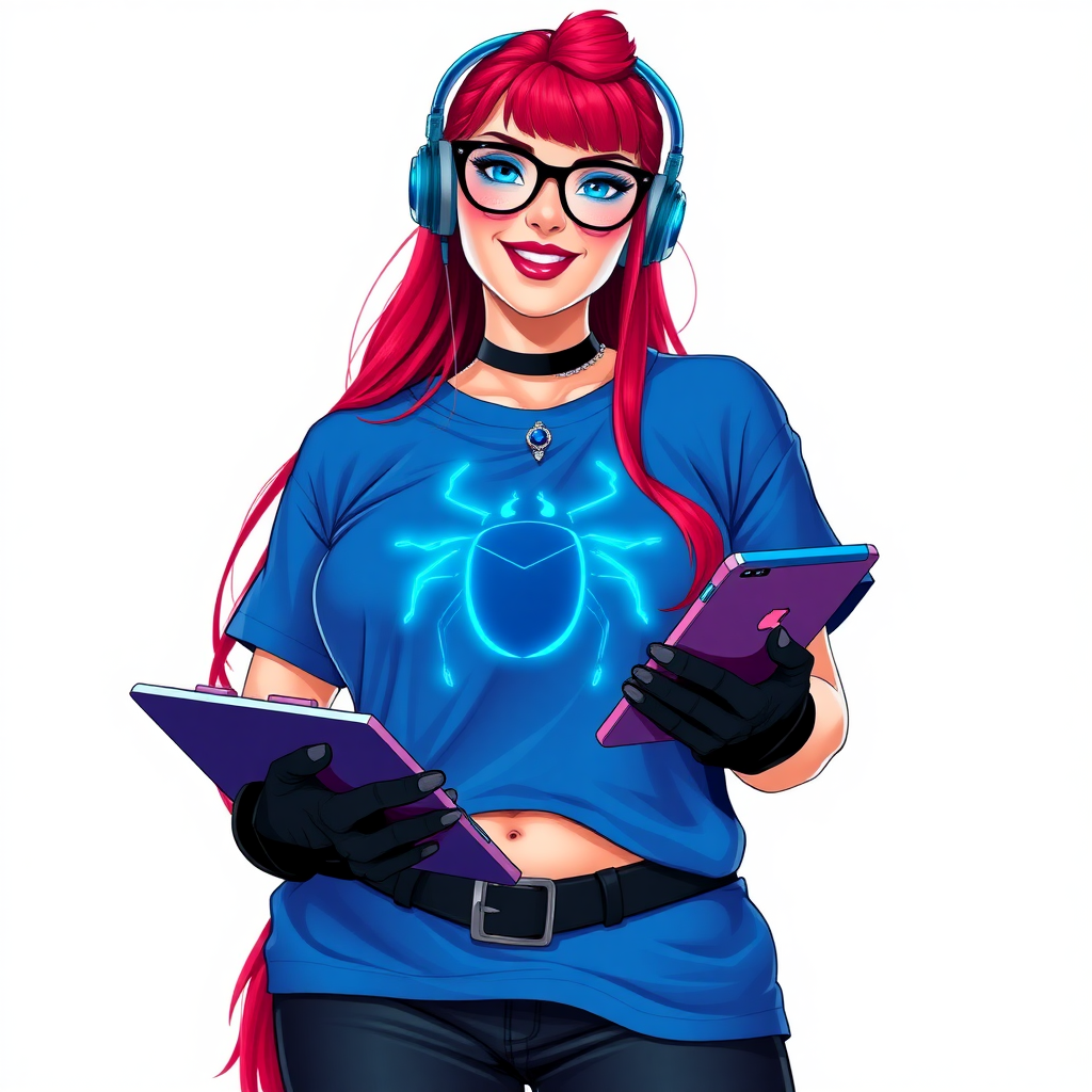 An intelligent and tech-savvy 29-year-old computer hacker and tech genius. She has a long ruby red ponytail. She wears maximum blue lipstick, blue eyes, a sapphire beetle gemstone necklace, sapphire earrings, black eyeglasses, hi-tech power gloves, and an oversized maximum blue t-shirt featuring a neon blue glowing beetle chest icon. She has a gargantuan full-figured physique with a prominent round gargantuan midsection, reflecting her well-cared-for lifestyle. She sports a sapphire headset with a hi-tech maximum turquoise lensed HUD, and a beaming smile accentuated by a passionate neon red blush. She serves as his tech expert from his hideout, holding a futuristic tool wrench and a futuristic digital tablet. The background is solid white. She is drawn as if she was in a retro 2D cyberpunk fighting game.