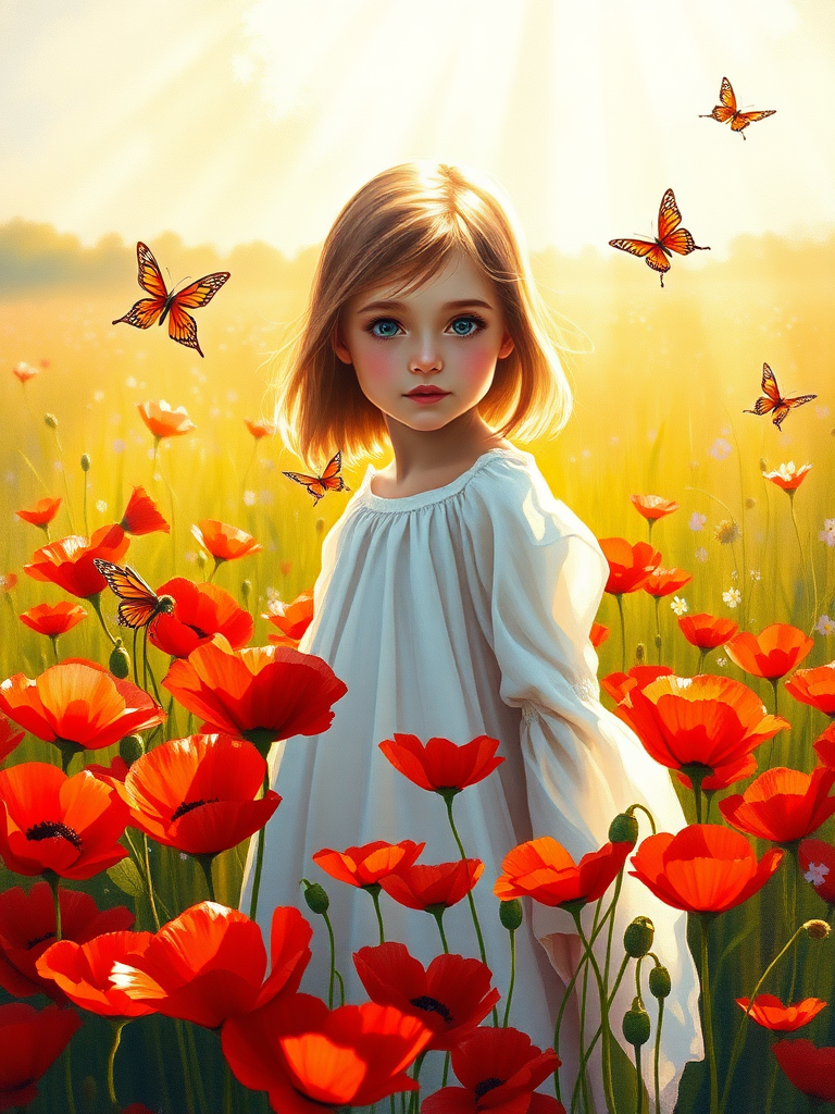 In a sun-drenched meadow, a young girl stands enchantingly poised among a vibrant sea of blooming poppies, their brilliant scarlet petals swaying gently in the warm breeze. She is clothed in a flowing white dress that billows delicately around her, the fabric catching the sunlight and gleaming with a soft, ethereal glow. The aroma of the poppies fills the air—a sweet, intoxicating scent that mingles with the fresh earthiness of the field.

Radiant beams of golden sunlight cascade down, illuminating the scene with a warm, inviting light that dances across the girl's delicate features. Her cherubic face is partially hidden by the lush poppies, yet her eyes—wide and shimmering with a mixture of wonder and pure joy—peer out, reflecting the brilliance of the surrounding blooms. The vibrant reds, contrasted against her white dress, create a stunning tapestry of color that draws the eye.

Around her, the melody of cheerful birdsong mingles harmoniously with the gentle rustle of the poppy petals, orchestrating a serene symphony that fills the tranquil atmosphere. The landscape sparkles with life, as fluttering butterflies meander between the flowers, their wings painted with the hues of a sunset.

Executed in the expressive style of Claude Monet, the painting features thick, dynamic brush strokes that capture the ever-changing play of light. Each stroke brings to life the textures of the flowers and grasses, emphasizing the fluidity of the moment. The overall scene is imbued with a sense of beauty and tranquility, inviting the viewer to immerse themselves in the joyful serenity of this idyllic moment in nature.