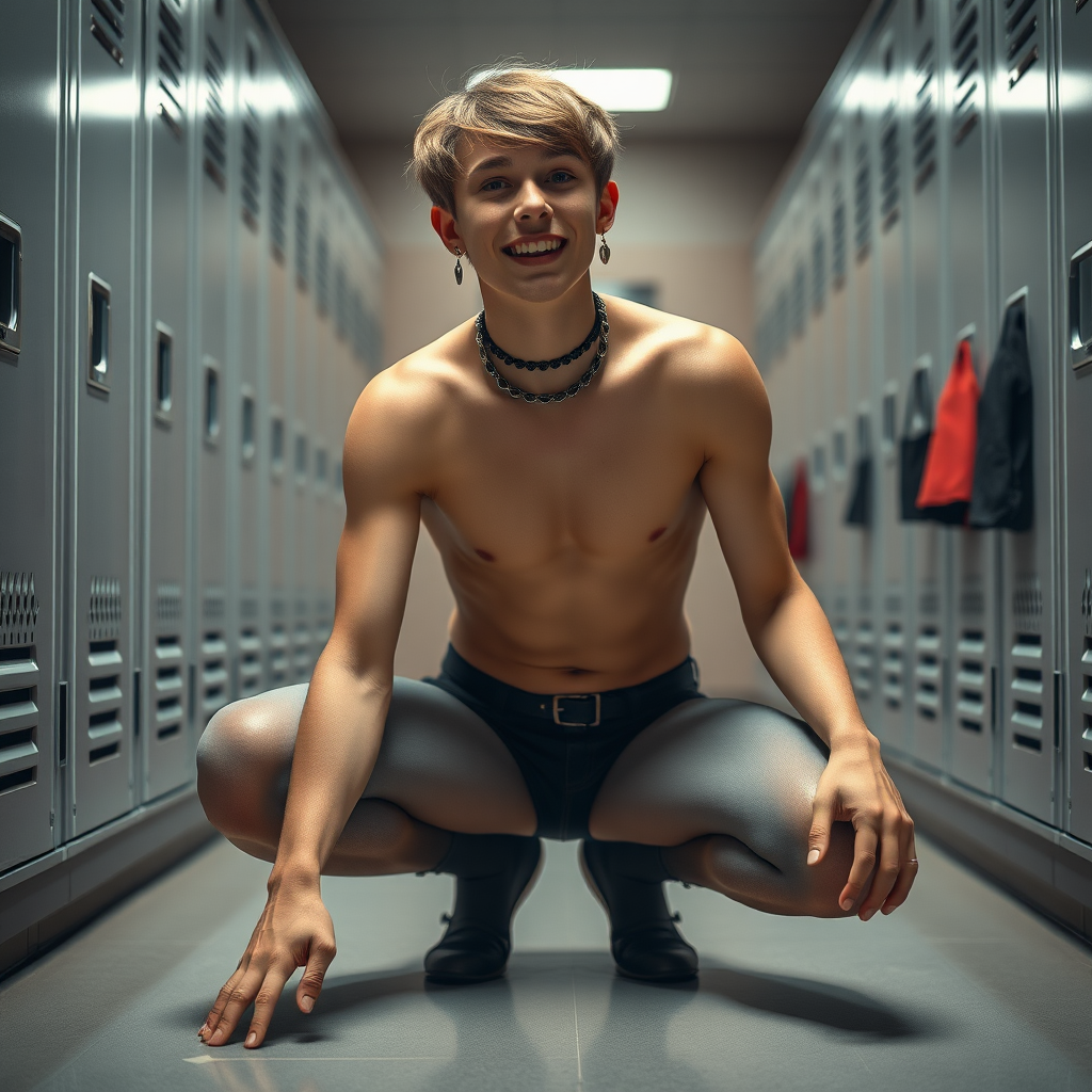 photorealistic, ultra high resolution, 16K, surreal fantasy, studio lighting, Tyler Swift is a pretty 18 year old dog-boy, slim male physique, crotch bulge, short brown hair, goth makeup, earrings, spikey dog collar, grey pantyhose, crouching on the floor in the locker room, excited smile, full body view, facing the camera.